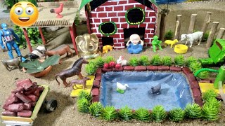 Diy making mini Farm Diorama With house for cow,pig- mini hand pump supply water pool for Garden