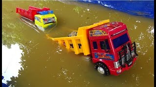 Huge Truck Transporting Stone Throuh River - Excavator and Car Toys For Kids