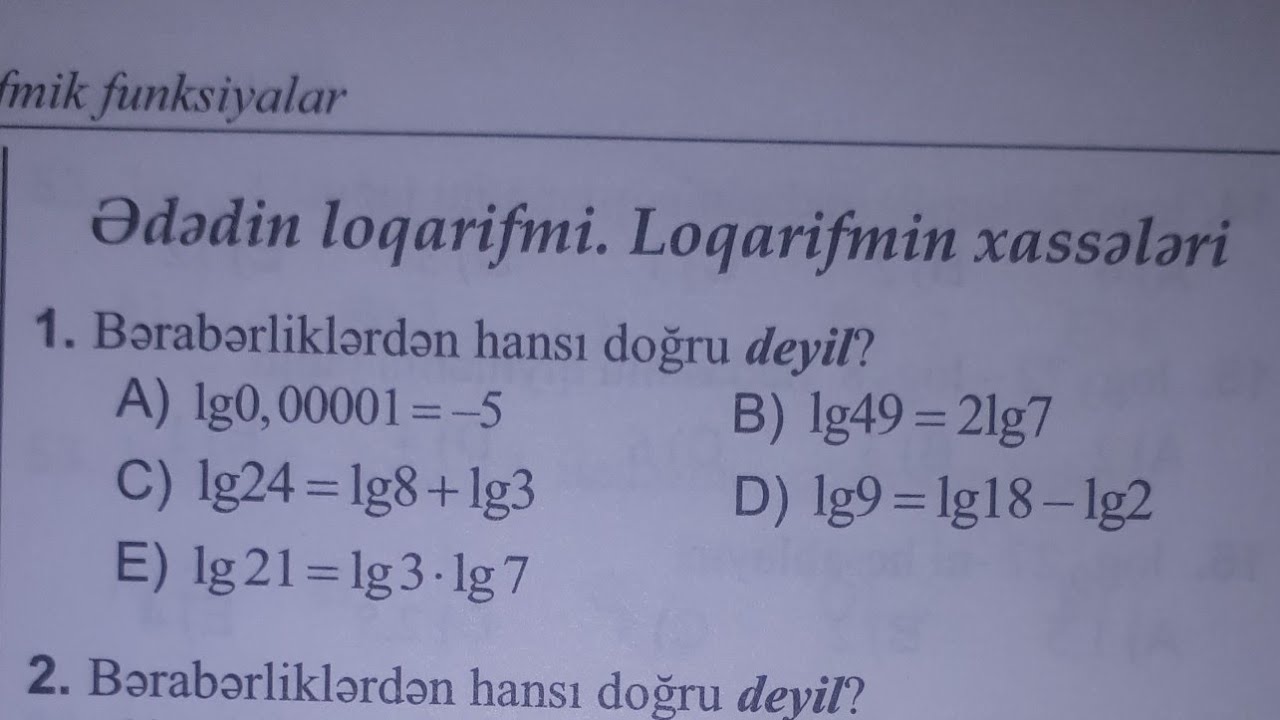 Ədədin loqarifmi. 1-200. Test toplusu