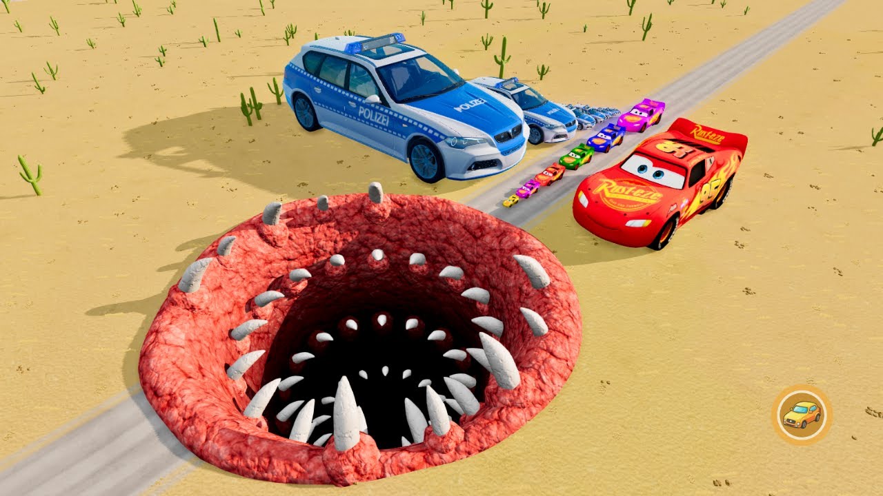 Большой и маленький Молния Маккуин, полицейская машина против гигантского монстра-рта – BeamNG.drive