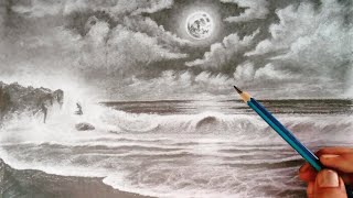 Pencil drawing moon light beach landscape easy // Step by step scenery drawing easy //