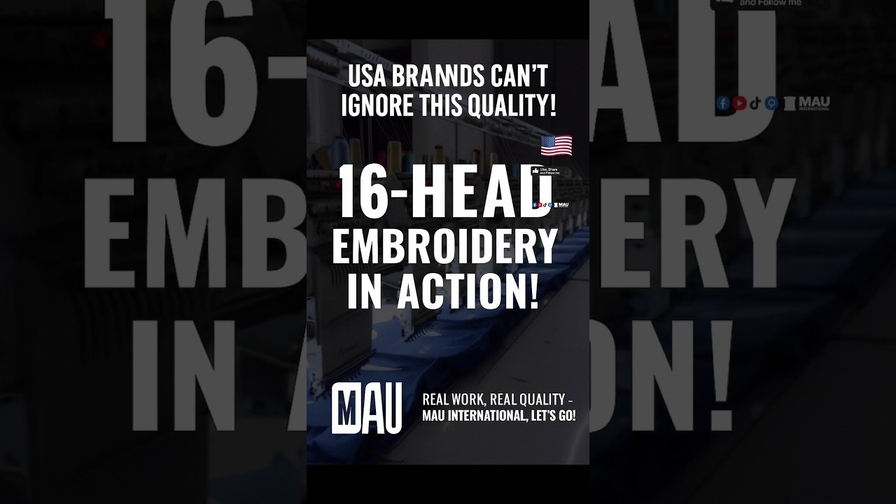 "16-Head Embroidery Machine in Action – Sky Blue Shirt for USA Brand | Mau International"