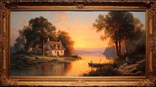 Riverside Cottage Sunset • Vintage Art Screensaver (4K) • Classical Oil Painting in Gold Frame (3 h) screenshot 4