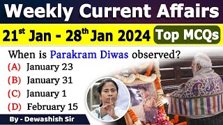 January 2024 Weekly MCQs Current Affairs | 21st to 28th Jan 2024 | Important current affairs 2024