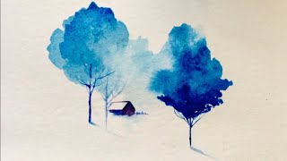 painting of nature with watercolor . blue painting