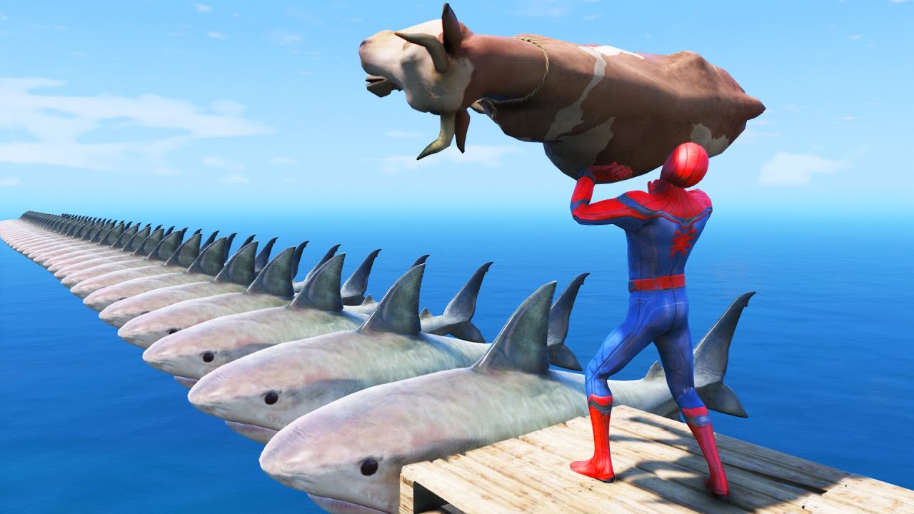 человек-паук против коровы | GTA 5 Water Ragdolls Shark Bridge EP.109 (физика эйфории)