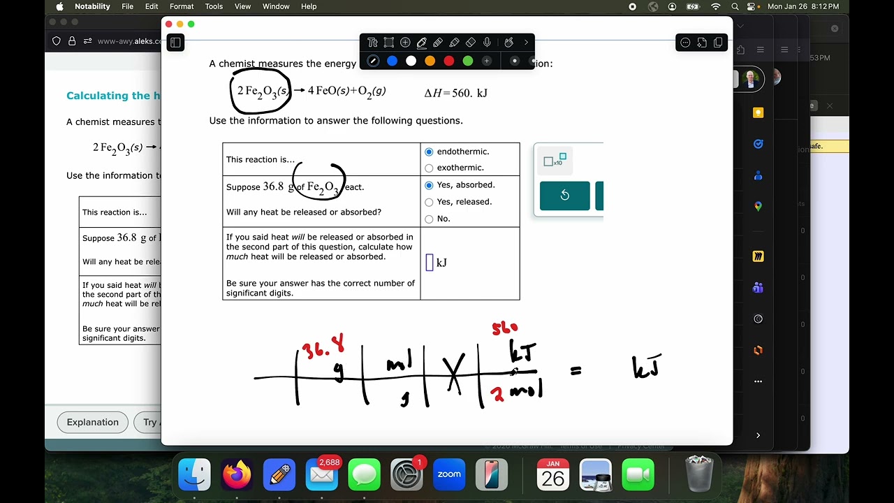 ALEKS: Calculating the heat of reaction from molar reaction enthalpy and the mass of a reactant (2)