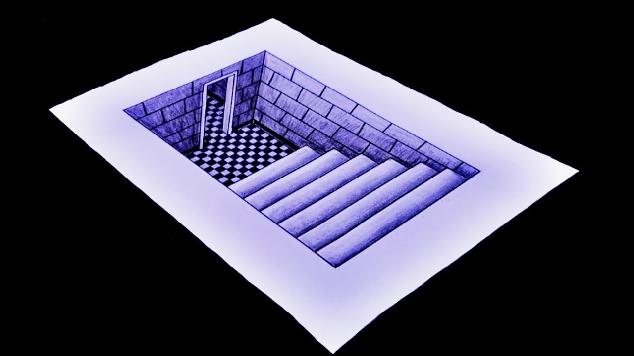 3D Optical Illusion Stairs Drawing /3D Pencil Art of Underground Room/3D Hole on Paper Sketch