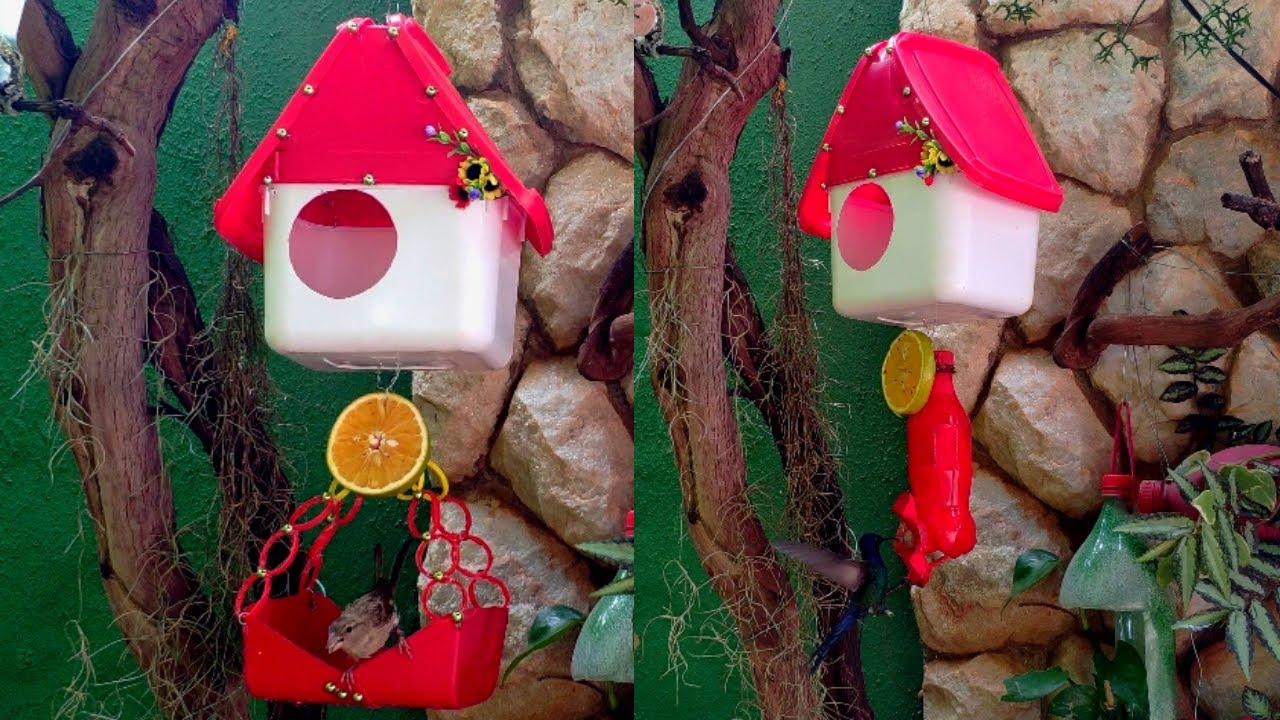 Como Fazer uma CASINHA DE PÁSSARO. COMEDOURO FEITO COM POTE DE SORVETE. FAÇA E VENDA. RECICLAGEM.
