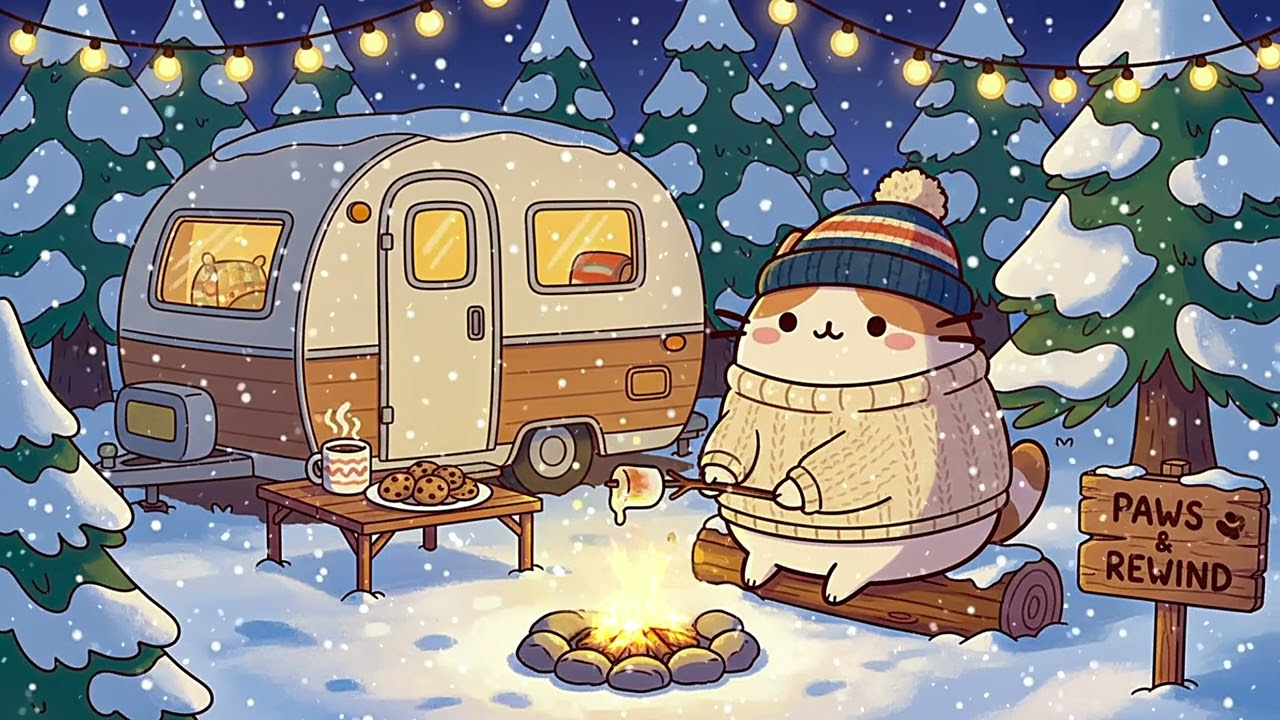 Cozy Winter Cat Lofi | Cute Camping Night, Campfire & Caravan | Chill Lofi Music for Study & Sleep