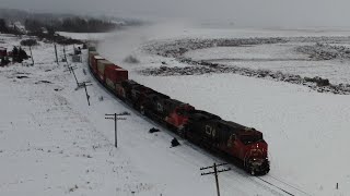 Awesome 4K View! Big Stack Train CN 121 w/DPU Very Late thru Upper Dorchester, NB at Track Speed