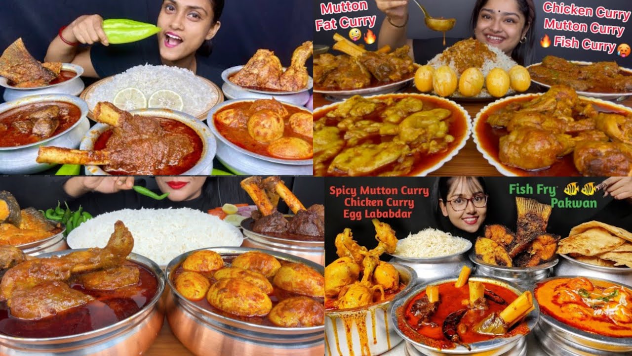 Spicy🥵🔥 mutton curry, chicken curry, fish curry, egg curry with basmati rice|Bigbites mukbang asmr