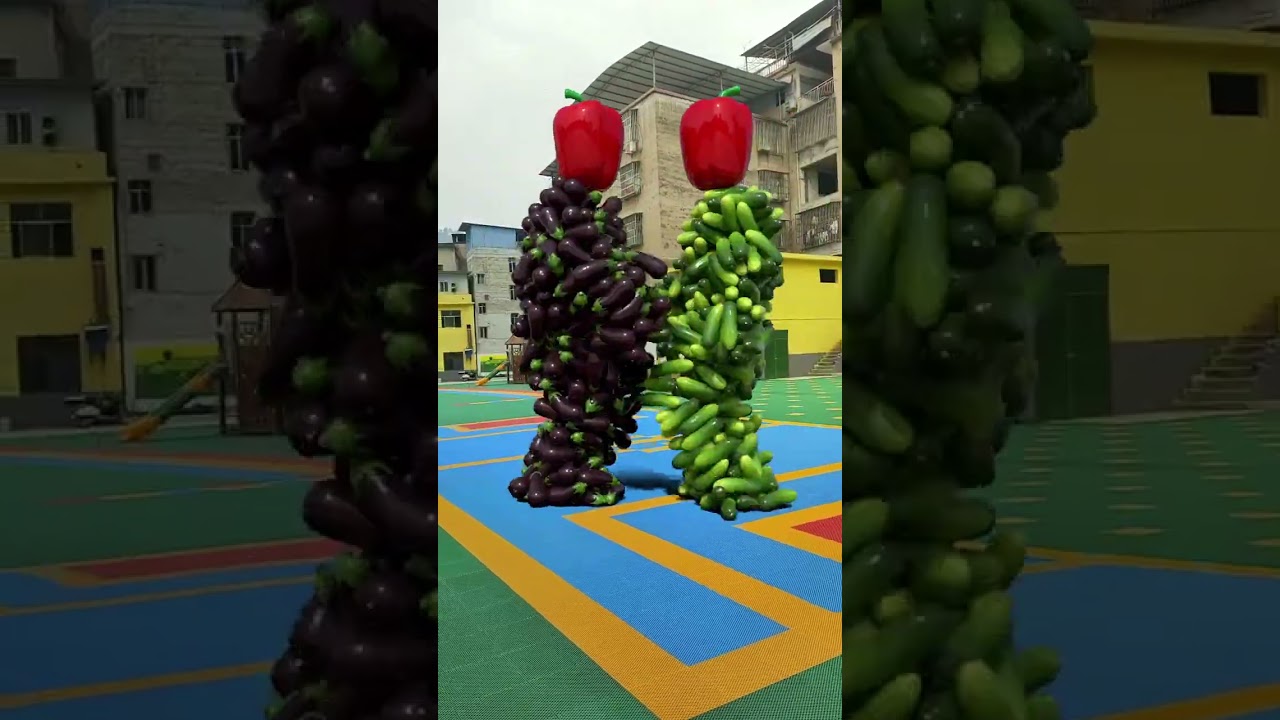 Vegetable characters walk and touch vegetables