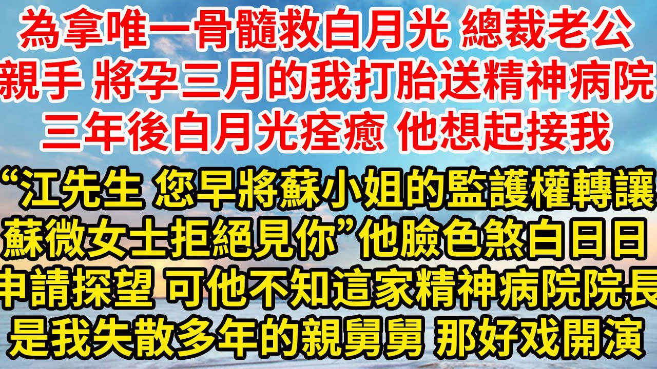 為拿唯一骨髓救白月光 總裁老公親手將孕三月的我打胎送精神病院，三年後白月光痊癒 他想起接我“江先生 您早將蘇小姐的監護權轉讓，蘇微女士拒絕見你”他臉色煞白日日申請探望