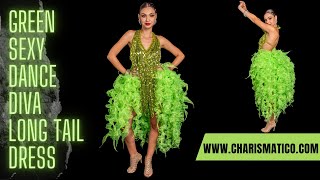 CHARISMATICO Green Sexy Dance Diva Long Tail Sequin Asymmetrical Dress