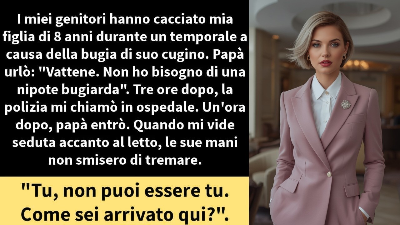 «Esci. Non ho bisogno di una nipote bugiarda.» Mio padre spinse mia figlia di otto anni fuori dalla porta sotto un temporale, in pigiama e a piedi nudi. Poi chiuse a chiave. Era febbraio, pioveva...