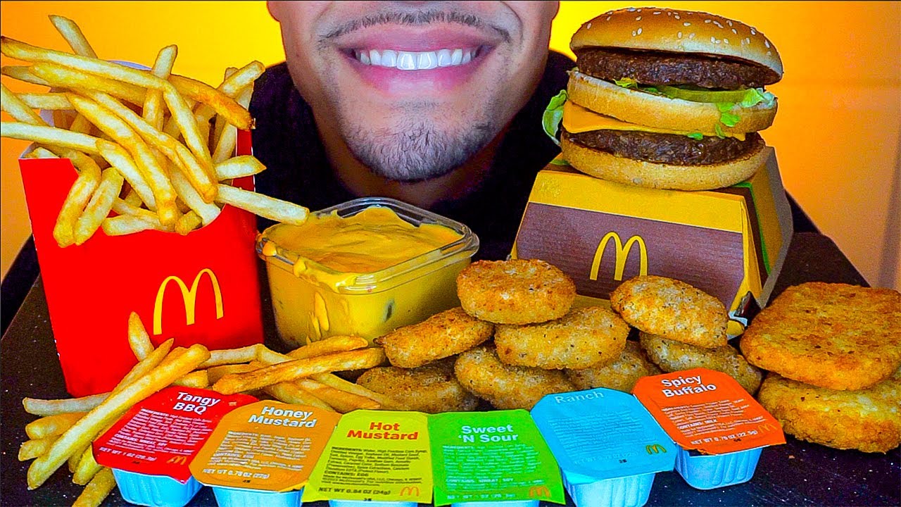 ASMR MCDONALD'S CHICKEN NUGGETS BIG MAC HASH BROWNS WITH CHEESE EATING ...