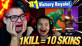 1 KILL = 10 FREE SKINS FOR MY 9 YEAR OLD LITTLE BROTHER! 9 YEAR OLD PLAY SOLO FORTNITE BATTLE ROYALE