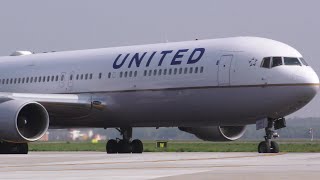 (Airside view) United Airlines Boeing 767-300ER takeoff Milan MXP airport