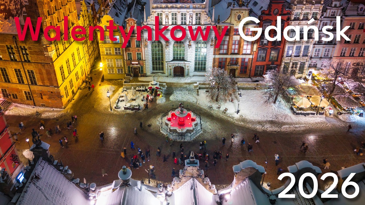 Walentynkowy Gdańsk Nocą 14.02.2026 ❤️ Czerwona Fontanna Neptuna i Zamarznięta Motława z drona 4K