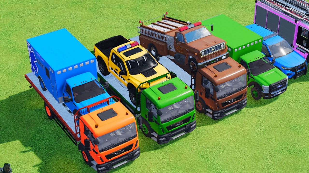 TRANSPORTING POLICE CARS, AMBULANCE, FIRE TRUCK, COLORFUL CARS WITH TRUCK GAME FARMING SIMULATOR 22