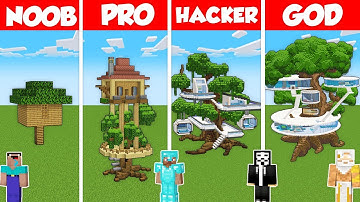 OAK TREE HOUSE BASE BUILD CHALLENGE - Minecraft Battle: NOOB vs PRO vs HACKER vs GOD / Animation