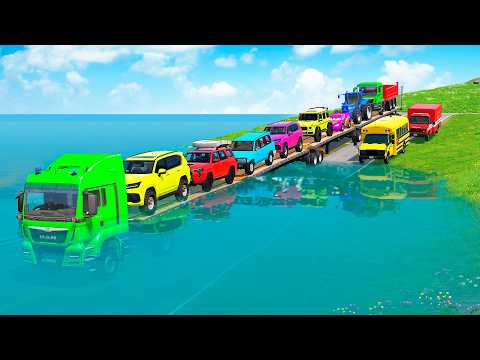 Triple Flatbed Trailer McQueen Transportation with Truck - Speedbumps vs Cars vs Train - BeamNG #
