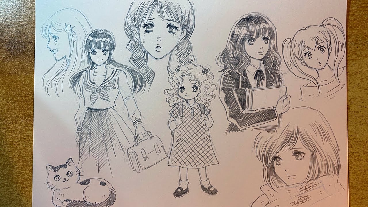 女の子たち練習 鉛筆らくがき Pencil Drawing Practice Manga Anime