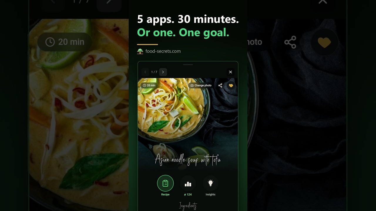 Tour dell'app Food Secrets — scegli un obiettivo, importa una ricetta, analizza i nutrienti e genera la lista della spesa