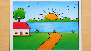 Beautiful Village Scenary Drawing - Simple Sunrise Landscape Drawing with Oil Pastels ✨🤩 @Colorixa 