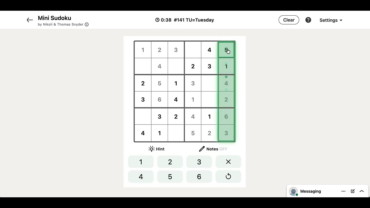 LinkedIn Mini Sudoku Answer Today #141 TU=Tuesday
