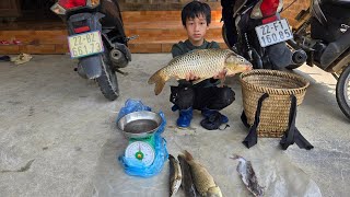 Catching fish, an orphan boy khai cast a net to catch a 2kg stream carp to sell