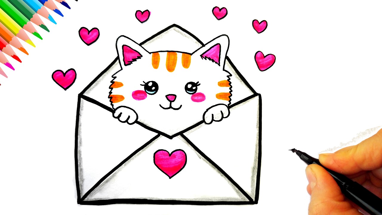 Kalpli Sevimli Kedi Çizimi 😻 Kolay Kedi Çizimi - How to Draw a Love Letter Cat 💌🐱