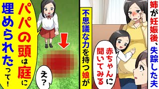 姉が妊娠後、突然失踪した姉夫。すると不思議な力を持つ娘が「赤ちゃんに聞いてみる」→「パパの頭は庭に埋められた」と言い