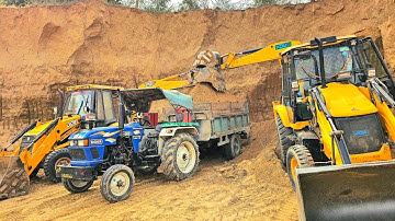2 Jcb 3dx Eco Excellence Backhoe Machine Loading Red Mud In Eicher 380 and Massey 245 Tractors | Jcb