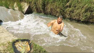 MIRA la PESCA de CAMARONES a MANO en CANAL lleno de AGUA