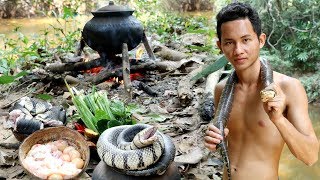 Primitive Technology : Find wild Snake by Spear in River - Cooking snake eating delicious