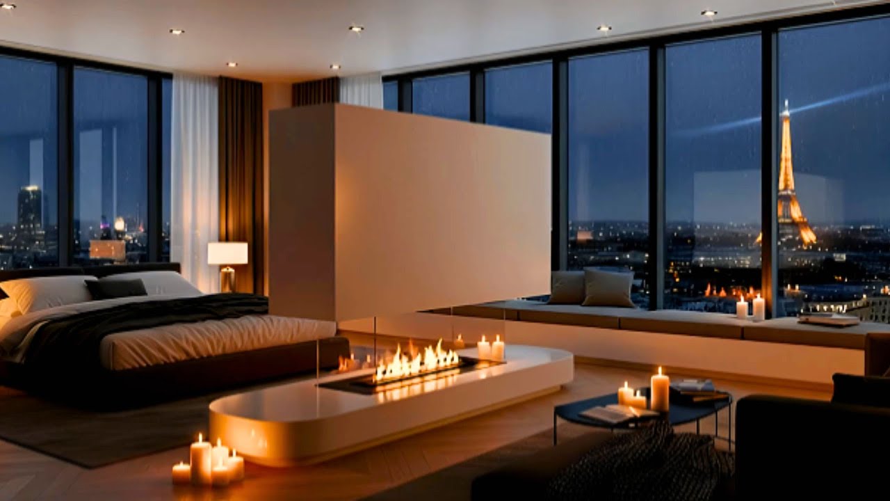 Paris Night Ambience 🌧️ Cozy Luxury Apartment with Rain Sounds | Eiffel Tower View