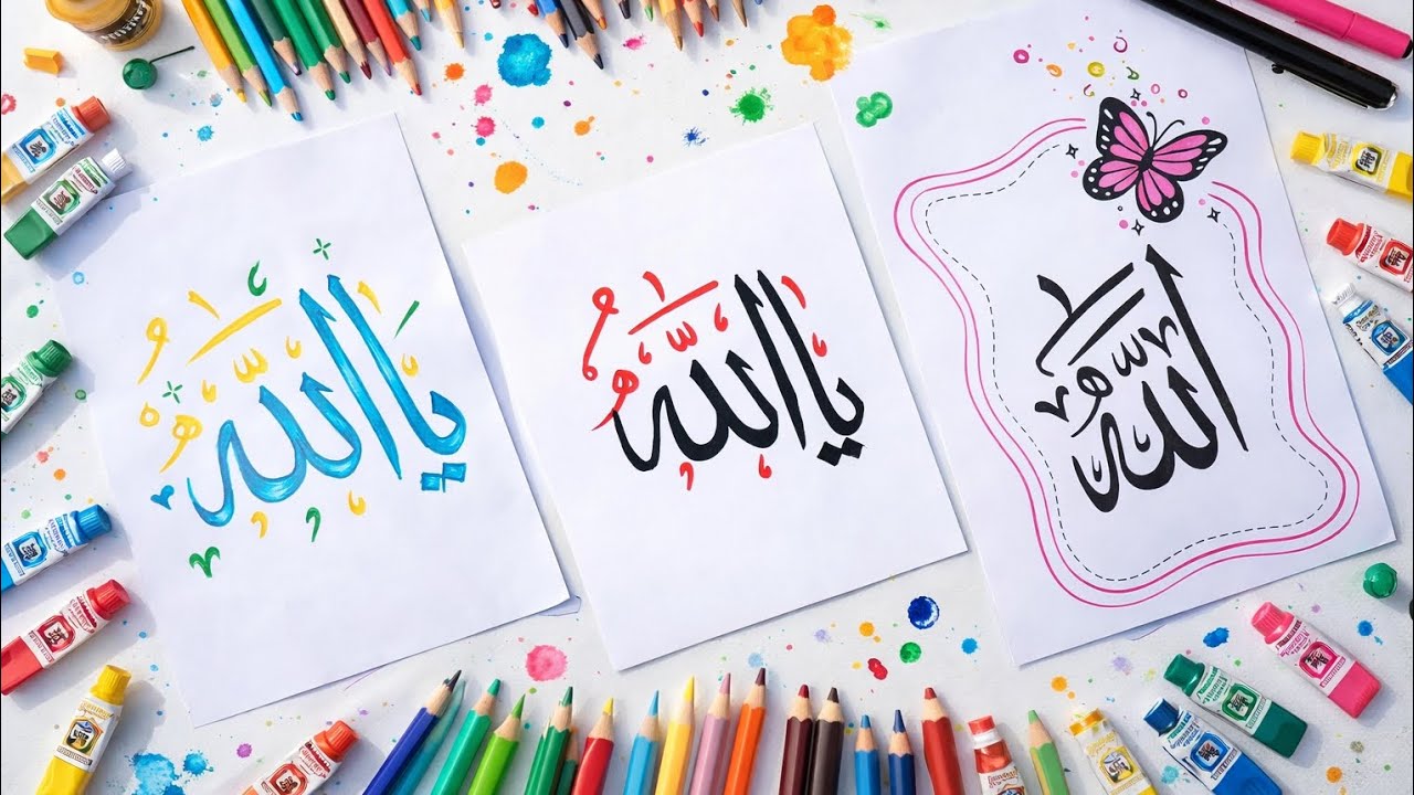 Beautiful “Ya Allah” Calligraphy | Easy Islamic Calligraphy Art in 3 different ways - step by step 