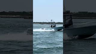 Headed back through the Barnegat Inlet 🌊 Spray flying and throttles down after a day offshore.