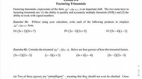 Algebra 2 Unit 6 Lesson 4 Factoring Trinomials