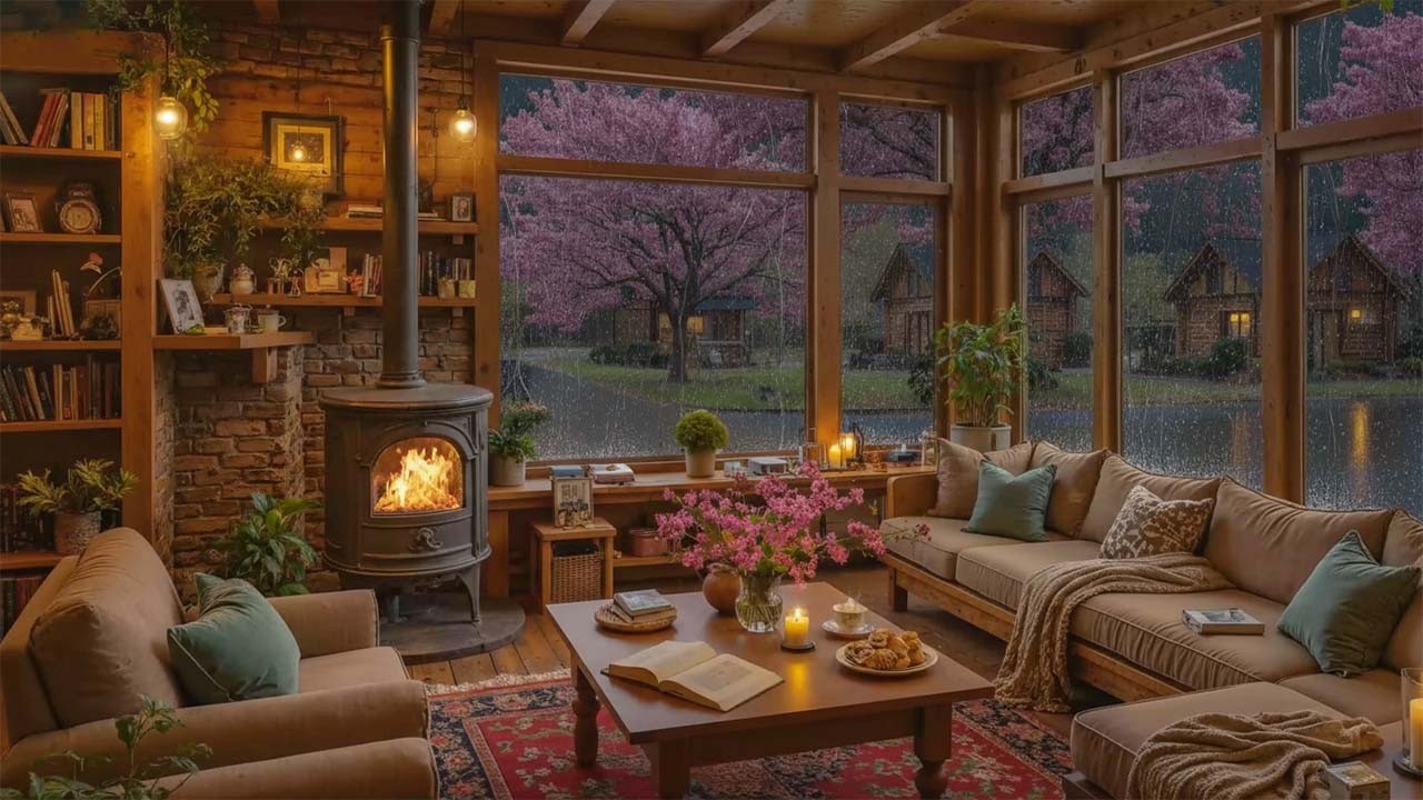 Cozy Rainy Night Cabin | Fireplace Ambience & Jazz Background Music for Study & Work