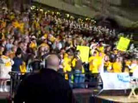 Students and band at the University of Wyoming singing the beer song during the mtn. homecoming pep rally broadcast in 2007