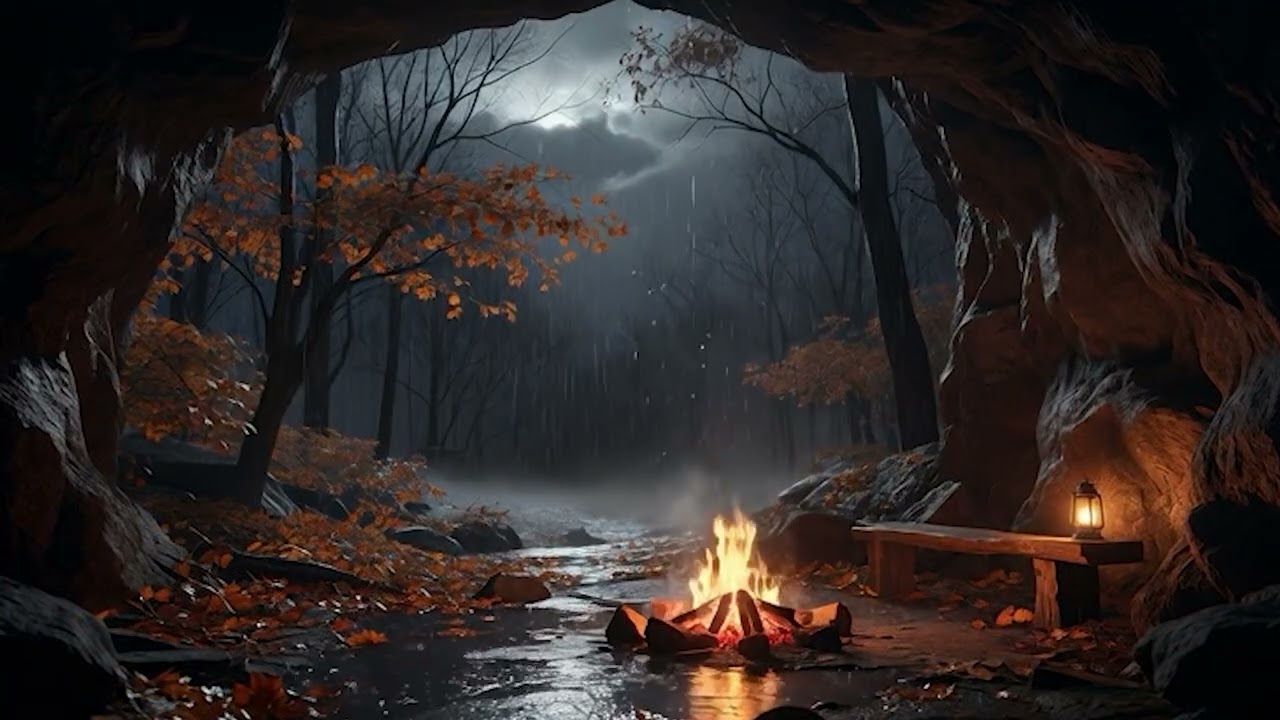 Cozy Autumn Night Campfire in the Forest Cave | Relaxing Nature Sounds for Sleep
