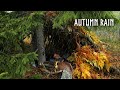 Solo camping in rainbuilding my bushcraft survival shelter rain  fire asmr