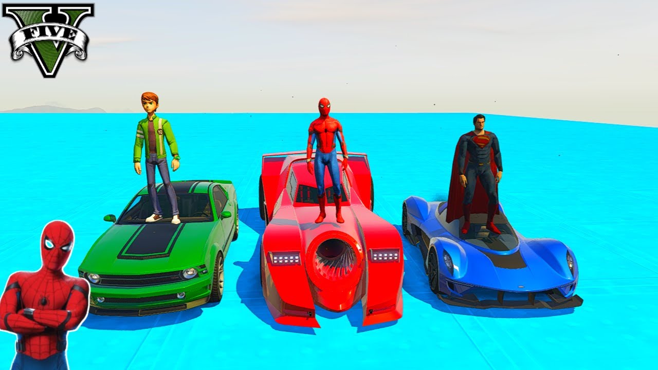 SUPER HEROES CARS STUNT RACE CHELLENGE! MONSTER TRUCK GTA 5 | RAXTER GAMING