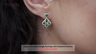 Prong Setting 5 Stone Emerald Dangle Earrings with Diamond Outline by Angara Jewelry