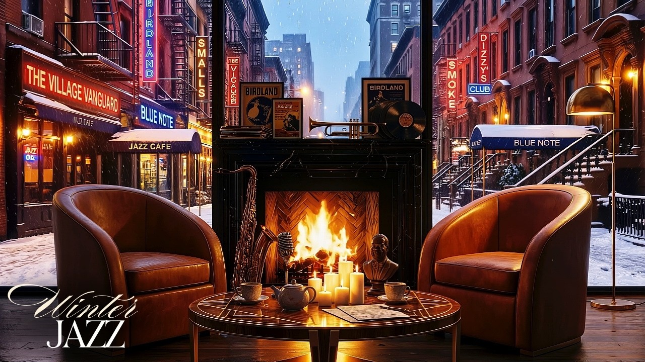 Атмосфера нью-йоркского джаза у камина ❄️ Снежный зимний день в кафе с фортепианной музыкой и огня