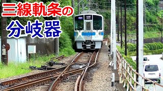 箱根登山鉄道 入生田-箱根湯本の三線軌条と分岐器【レアな分岐器】Dual gauge switch of Hakone Tozan Railway