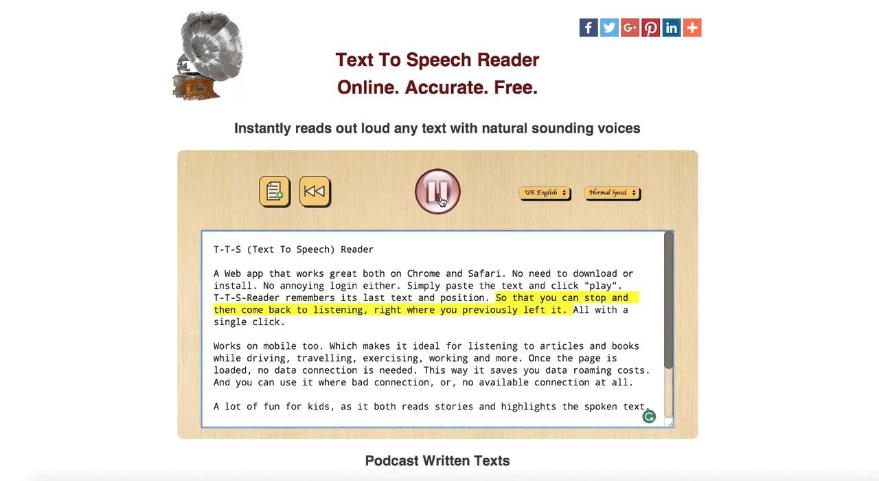 Online text to speech with effects